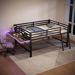 modfu Lit adulte 140x200 cm avec barrière, bureau et LED, en métal, noir