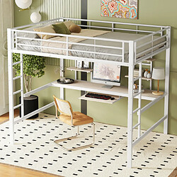 modfu Lit mezzanine 140x200 cm avec bureau et 2 étagères, en métal, blanc
