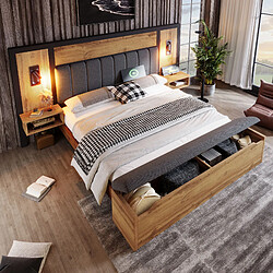 Acheter Blossom Paris Lit double capitonné 160x200, lumière USB-C, tête de lit, banc rangement, cadre lattes, lin, chêne (sans mat)