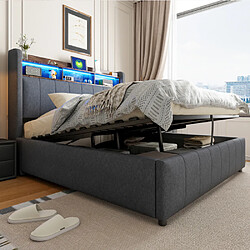 modfu Lit coffre 140x200 cm avec LED, USB et tête de lit avec étagères, en lin, gris