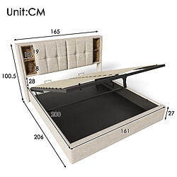 Blossom Paris Lit double 160x200, charge sans fil USB-C, rangement, cadre lattes bois, lin naturel