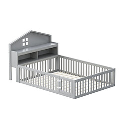 modfu Lit enfant 140x200 cm avec étagères, barrière et porte, en bois, gris pas cher