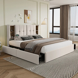 Blossom Paris Lit double 160x200, charge sans fil USB-C, 4 tiroirs, cadre lattes bois, velours beige (sans matelas)