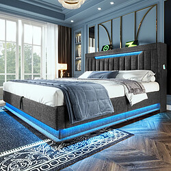 Blossom Paris Lit double capitonné 160x200, tête de lit rangement USB/Type-C, LED, hydraulique, gris lin. (sans matelas)