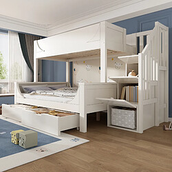 Blossom Paris Lit superposé enfant avec échelle, placard, tiroirs, design traîneau, bois, garde-corps, lattes, 90x200 + 140x200, blanc