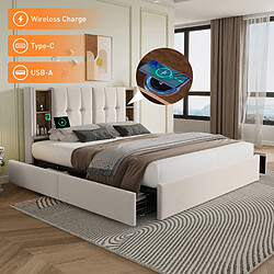 Blossom Paris Lit double 160x200, charge sans fil USB-C, 4 tiroirs, cadre lattes bois, velours beige (sans matelas)