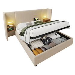 Acheter modfu Lit coffre 180x200 cm avec table de chevet, lampe et USB Type-C, en lin, beige