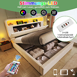 Acheter Blossom Paris Lit capitonné 160x200, tête de lit réglable avec rangement, LED, USB/Type-C, velours beige (sans matelas)