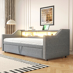 modfu Lit gigogne 90x190 cm avec compartiment, LED et USB, en lin, gris clair