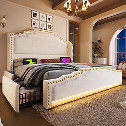 Blossom Paris Lit double capitonné 180x200, 4 tiroirs, LED, USB-C, rangement, ado, cadre lattes, velours beige (sans mat)
