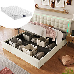 Blossom Paris Lit double capitonné 140x200, rangement, bande LED, fonctionnel, blanc, housse simili-cuir (avec matelas)