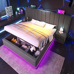 modfu Lit coffre 160x200 cm avec LED et USB-C, en lin, gris