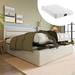 Blossom Paris Lit rangement hydraulique LED, double, lit capitonné, 140x200, fonctionnel, blanc (avec matelas)