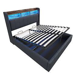 modfu Lit coffre 140x200 cm avec LED, USB et tête de lit avec étagères, en lin, gris pas cher