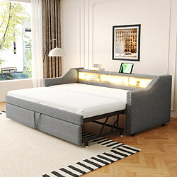modfu Lit gigogne 90x190 cm avec compartiment, LED et USB, en lin, gris clair