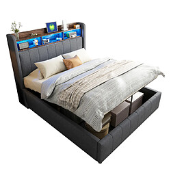 Acheter modfu Lit coffre 140x200 cm avec LED, USB et tête de lit avec étagères, en lin, gris