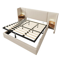 modfu Lit coffre 180x200 cm avec table de chevet, lampe et USB Type-C, en lin, beige pas cher