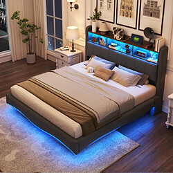 modfu Lit adulte 160x200 cm avec LED, interfaces USB et Type-c, en lin, gris