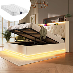 Blossom Paris Lit double capitonné 140*200, LED 360° (bouton/app/télécommande), blanc PU, rangement USB-C (avec matelas)