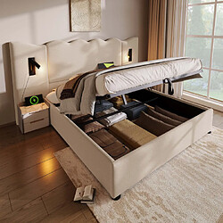 modfu Lit coffre 180x200 cm avec lampe, USB Type-C et sommier à lattes, en lin, beige
