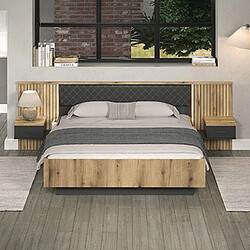 Mes Ensemble lit + tête de lit + 2 chevets anthracite et naturel - NOCTYS