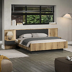 Mes Ensemble lit + tête de lit + 2 chevets anthracite et naturel - NOCTYS