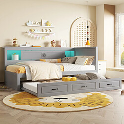 modfu Lit gigogne 90x200 cm avec LED, compartiment et USB, en panneau de particules, gris