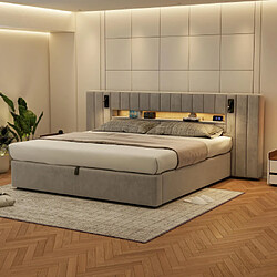 modfu Lit coffre 180x200 cm avec USB et LED, en velours, gris
