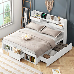 modfu Lit adulte 140x190 cm avec USB, tiroirs et armoire, en pin, blanc