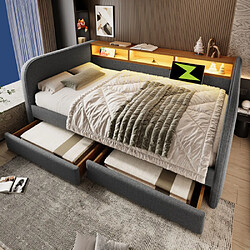 modfu Lit adulte 140x190 cm avec LED, USB-C et 2 tiroirs, en lin, gris