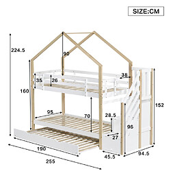 Avis modfu Lit superposé 90x200 cm avec 3 tiroirs et barrière, en bois, blanc