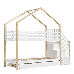modfu Lit superposé 90x200 cm avec 3 tiroirs et barrière, en bois, blanc pas cher