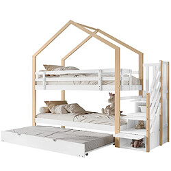 Acheter modfu Lit superposé 90x200 cm avec 3 tiroirs et barrière, en bois, blanc