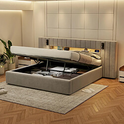 modfu Lit coffre 180x200 cm avec USB et LED, en velours, gris