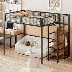 modfu Lit mezzanine 140x200 cm avec échelle, étagère et armoire, en métal, noir