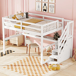 modfu Lit mezzanine 140x200 cm avec tiroirs et bureau, en pin, blanc