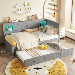 modfu Lit gigogne 90x200 cm avec LED, compartiment et USB, en panneau de particules, gris