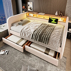 modfu Lit adulte 140x190 cm avec LED, USB-C et 2 tiroirs, en lin, beige