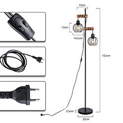 NETTLIFE Lampadaire noir lampadaire salon bois - lampadaire vintage 2 ampoules en métal avec interrupteur douille e27 152cm (sans ampoule)