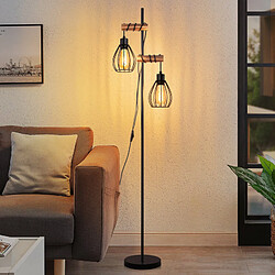 NETTLIFE lampadaire salon lampadaire noir : lampadaire bois métal industriel e27 lampadaire 2 lumières avec abat-jour cage 152cm (sans ampoule)