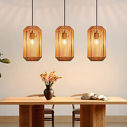 Nettlife Lustre Vintage en Rotin Tissé, Suspension 3 Bras E27, Éclairage Plafond Style Bohème, Hauteur Ajustable pour Chambre Cuisine