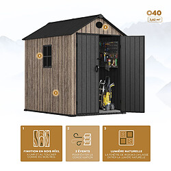 Hoggar – Abri de jardin en résine 3,62 m² Oak O40 – Sol inclus – Fenêtre latérale – Effet bois premium – Double porte large – Protection UV et imperméable – Fermeture avec loquet – Aérateurs