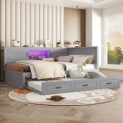 modfu Lit gigogne 140x200 cm avec LED, compartiment et USB, en panneau de particules, gris