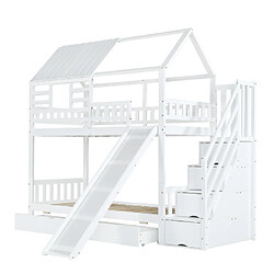 modfu Lit superposé 90x200 cm avec escalier, toboggan et tiroir, en bois, blanc pas cher