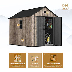Hoggar – Abri de jardin en résine 6,41 m² Oak O60 – Sol inclus – Fenêtre latérale – Effet bois premium – Double porte large – Protection UV et imperméable – Fermeture avec loquet – Aérateurs