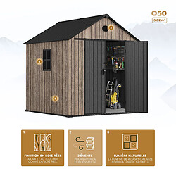 Hoggar – Abri de jardin en résine 5,02 m² Oak O50 – Sol inclus – Fenêtre latérale – Effet bois premium – Double porte large – Protection UV et imperméable – Fermeture avec loquet – Aérateurs