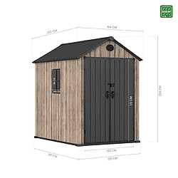 Avis Hoggar – Abri de jardin en résine 3,62 m² Oak O40 – Sol inclus – Fenêtre latérale – Effet bois premium – Double porte large – Protection UV et imperméable – Fermeture avec loquet – Aérateurs