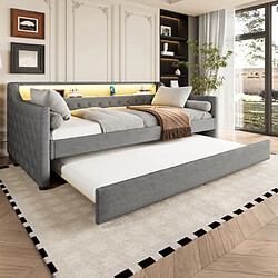 modfu Lit gigogne 90x200 cm avec LED et USB, en lin, gris