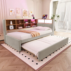 modfu Lit gigogne 90x200 cm avec LED, prises et compartiments, en flanelle, gris clair