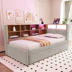 modfu Lit gigogne 90x200 cm avec LED, prises et compartiments, en flanelle, gris clair